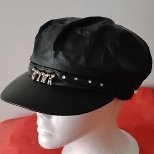 Black Faux Leather Cap with Studded Band and GINA Charms